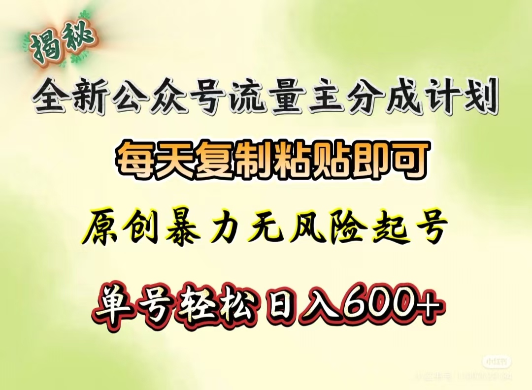 全新公众号流量主分成计划，每天复制粘贴即可，原创暴力起号无风险，单号轻松日入600+（揭秘）_网创工坊