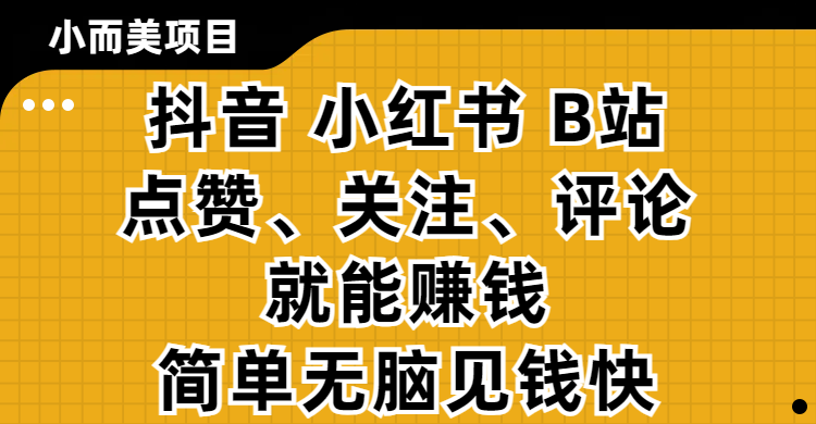 小而美的项目，抖音、小红书、B站视频点赞、关注、评论就能赚钱，简单无脑立见收益！妥妥的零撸项目_网创工坊