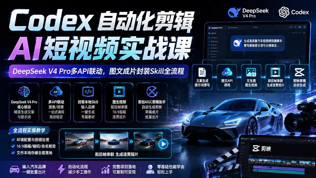 Codex自动化剪辑AI短视频实战课|DeepSeek V4 Pro多API联动,图文成片封装Skill全流程-知峰社