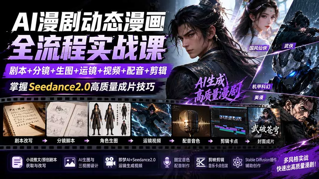 AI漫剧动态漫画全流程实战课:剧本+分镜+生图+运镜+视频+配音+剪辑,掌握Seedance2.0高质量成片技巧-知峰社