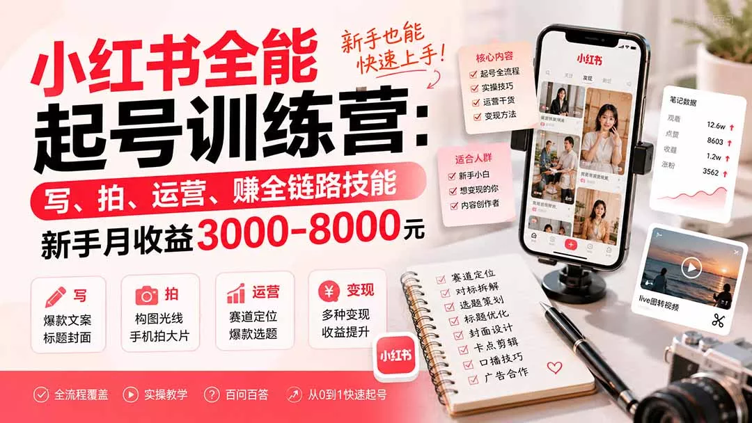 小红书全能起号训练营-更新:写、拍、运营、赚全链路技能,新手月收益3000-8000元-知峰社