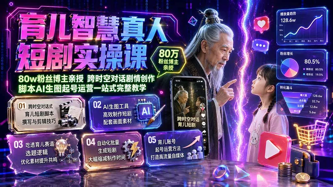 育儿智慧真人短剧实操课|80w粉丝博主亲授,跨时空对话剧情创作,脚本AI生图起号运营一站式完整教学-知峰社