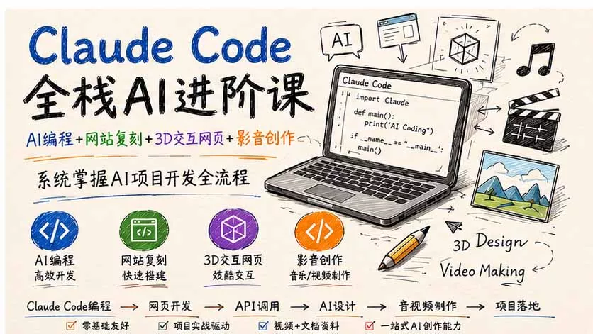 Claude Code全栈AI进阶课;AI编程+网站复刻+3D交互网页+影音创作,系统掌握AI项目开发全流程-知峰社