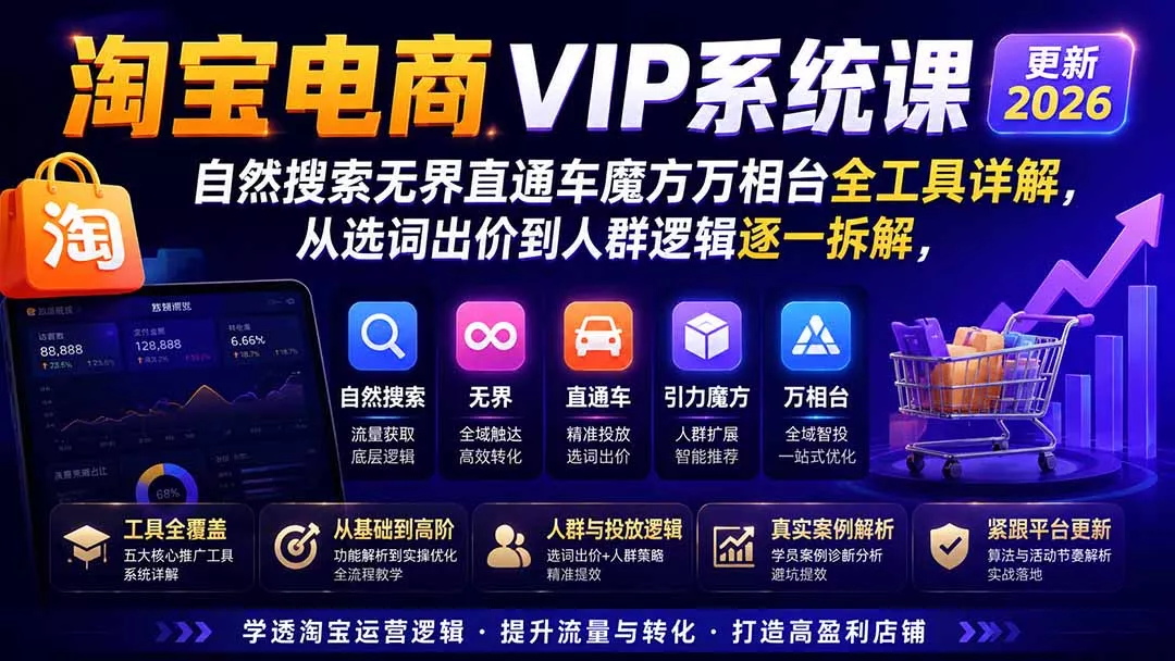 淘宝电商VIP系统课-更新8月;自然搜索无界直通车魔方万相台全工具详解,从选词出价到人群逻辑逐一拆解-知峰社