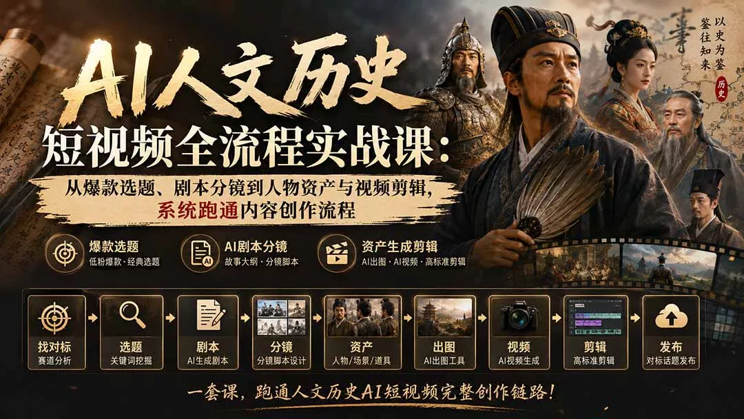 AI人文历史短视频全流程实战课:从爆款选题、剧本分镜到人物资产与视频剪辑,系统跑通内容创作流程-知峰社