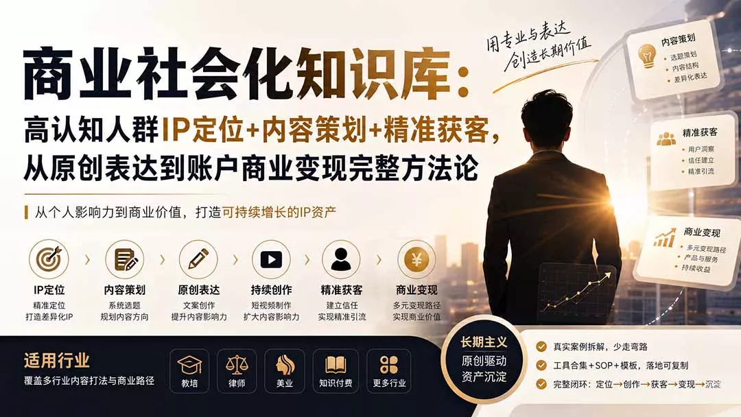 商业社会化知识库:高认知人群IP定位+内容策划+精准获客,从原创表达到账户商业变现完整方法论-知峰社
