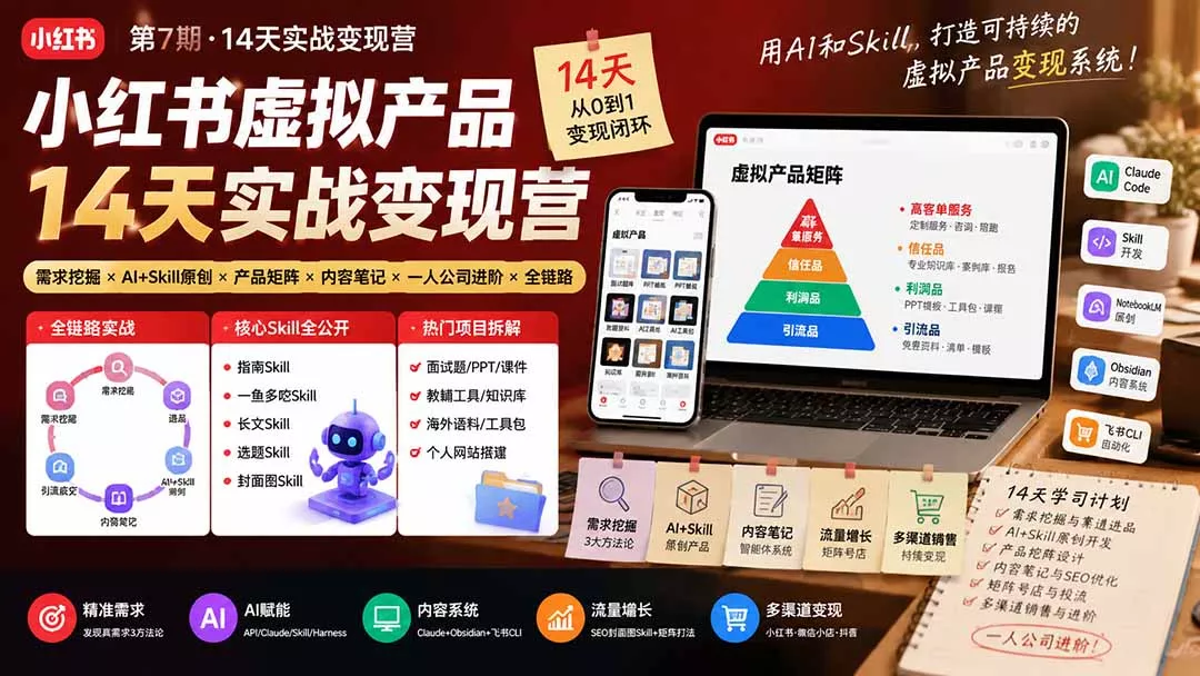 小红书虚拟产品14天实战变现营-第7期:需求挖掘×AI+Skill原创×产品矩阵×内容笔记×一人公司进阶×全链路-知峰社