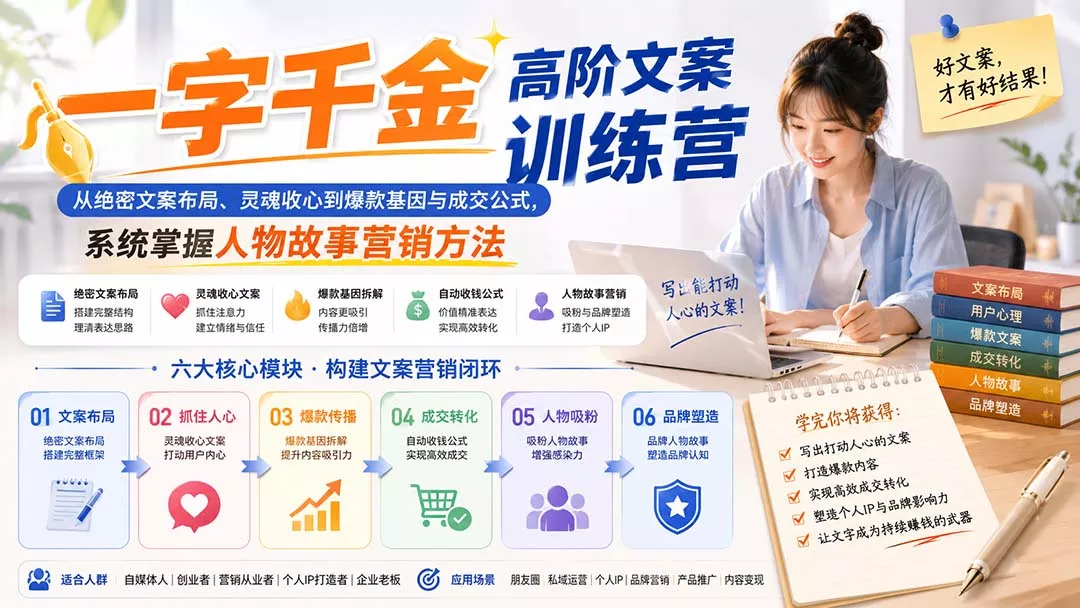 一字千金高阶文案训练营:从绝密文案布局、灵魂收心到爆款基因与成交公式,系统掌握人物故事营销方法-知峰社