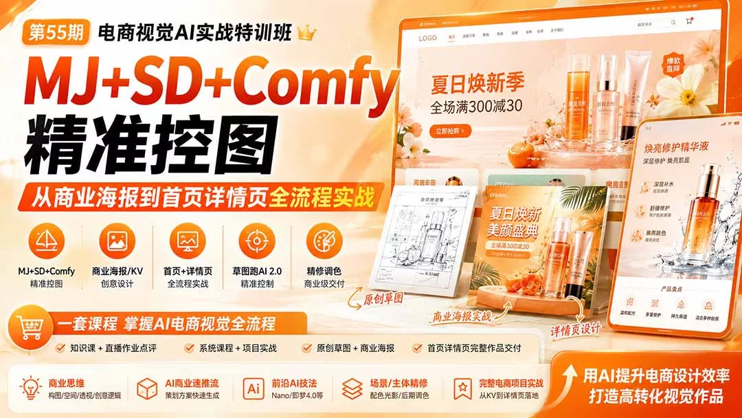 电商视觉 AI实战训练营第55期:MJ+SD+Comfy精准控图,从商业海报到首页详情页全流程实战-知峰社