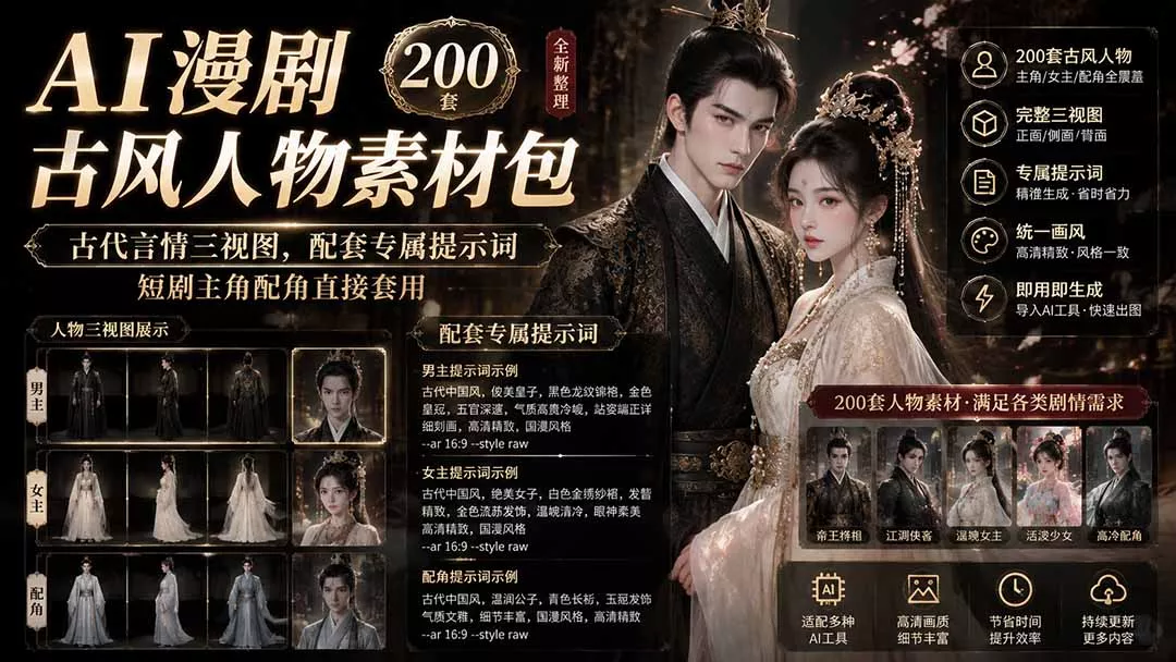 AI漫剧古风人物素材包+提示词|200 套古代言情三视图,配套专属提示词短剧主角配角直接套用-知峰社