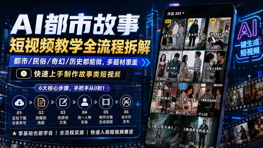AI都市故事短视频教学全流程拆解;都市/民俗/奇幻/历史都能做多题材覆盖,快速上手制作故事类短视频-知峰社