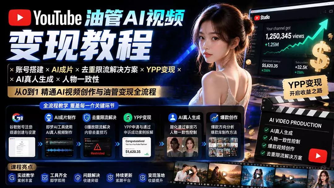 YouTube油管AI视频变现教程-更新:账号搭建×AI成片×去重限流解决方案×YPP变现×AI真人生成×人物一致性-知峰社