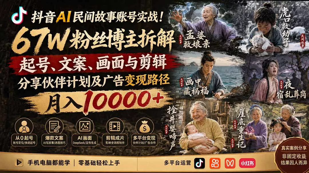 抖音AI民间故事账号实战!67W粉丝博主拆解起号、文案、画面与剪辑,分享伙伴计划及广告变现路径,月入10000+-知峰社