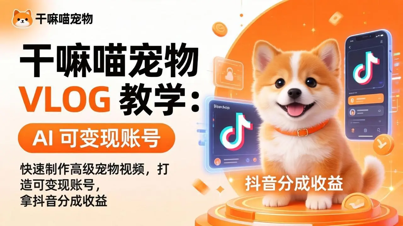 干嘛喵宠物 VLOG 教学:AI 快速制作高级宠物视频,打造可变现账号,拿抖音分成收益-知峰社