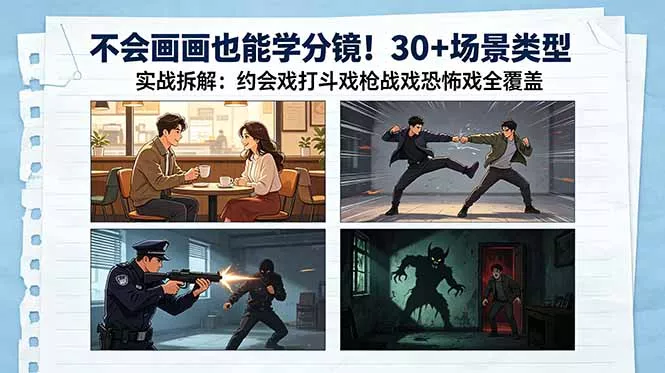 不会画画也能学分镜!30+场景类型实战拆解:约会戏打斗戏枪战戏恐怖戏全覆盖-知峰社