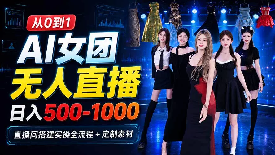AI 女团无人直播,躺入500-1000每天,直播间搭建实操全流程+定制素材-知峰社
