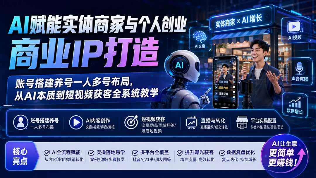 AI赋能实体商家与个人创业商业IP打造;账号搭建养号一人多号布局,从AI本质到短视频获客全系统教学-知峰社