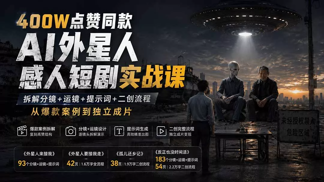 400W点赞同款AI外星人感人短剧实战课:拆解分镜+运镜+提示词+二创流程,从爆款案例到独立成片-知峰社