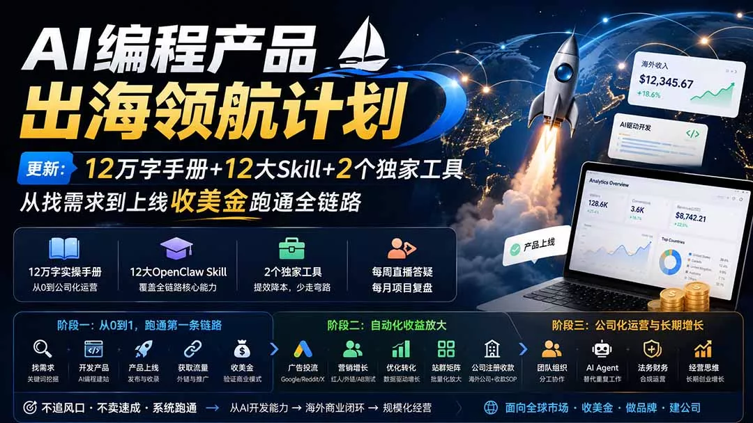 AI编程产品出海领航计划-更新:12万字手册+12大Skill+2个独家工具,从找需求到上线收美金跑通全链路-知峰社