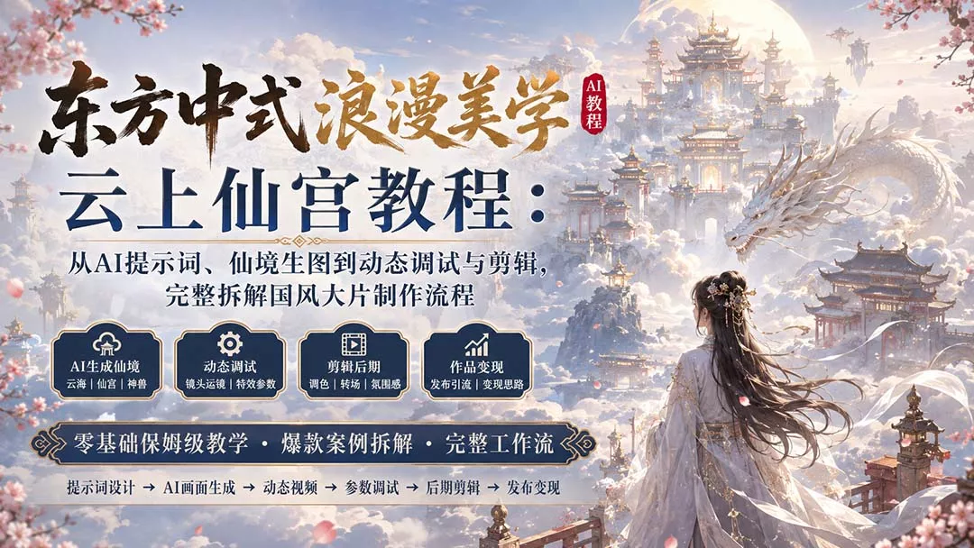 东方中式浪漫美学云上仙宫教程:从AI提示词、仙境生图到动态调试与剪辑,完整拆解国风大片制作流程-知峰社