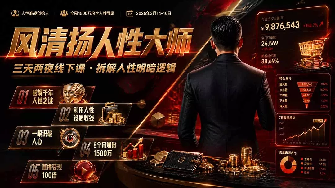 风清扬人性大师-三天两夜3月14-16线下课2026年|拆解人性明暗逻辑,识人避坑,千万粉涨粉+直播百倍变现实战教学-知峰社