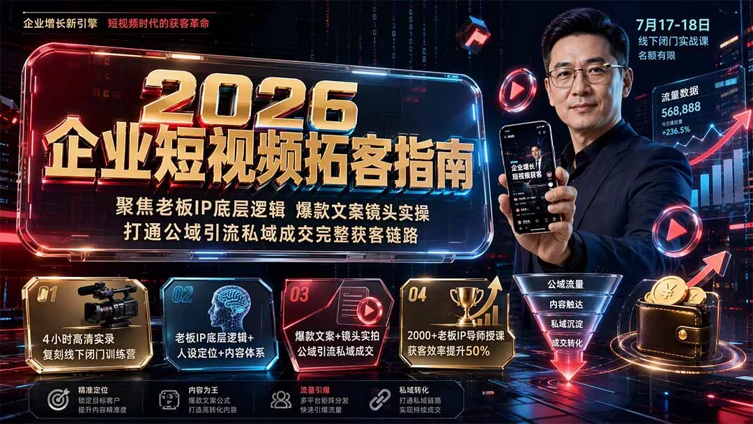 2026企业短视频拓客指南:聚焦老板IP底层逻辑,爆款文案镜头实操,打通公域引流私域成交完整获客链路-知峰社