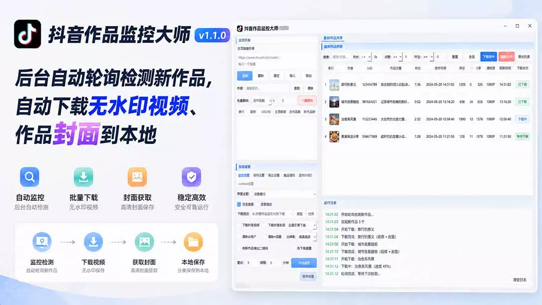 抖音作品监控大师v1.1.0:后台自动轮询检测新作品,自动下载无水印视频、作品封面到本地-知峰社