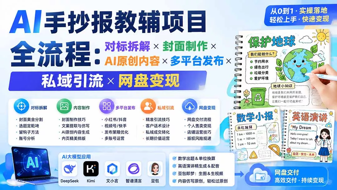 AI手抄报教辅项目全流程:对标拆解×封面制作×AI原创内容×多平台发布×私域引流×网盘变现-知峰社