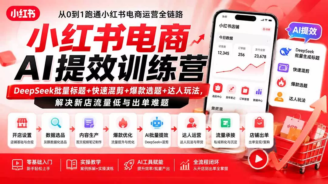小红书电商AI提效训练营—DeepSeek批量标题+快速混剪+爆款选题+达人玩法,解决新店流量低与出单难题-知峰社