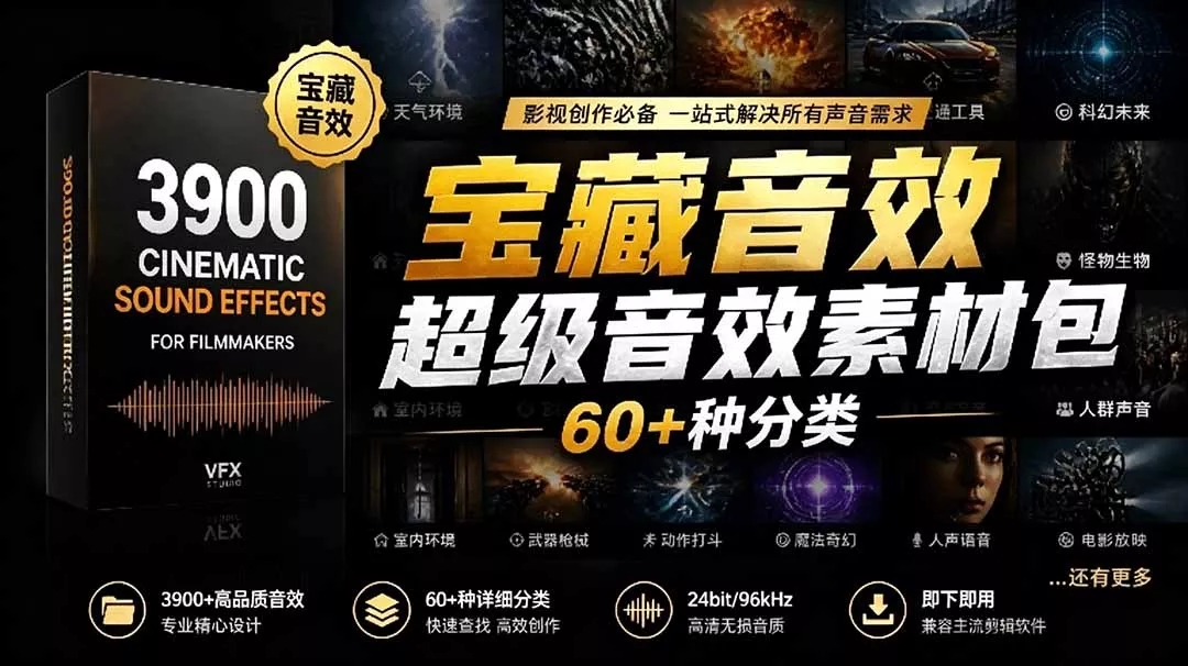 宝藏音效合集包!60+多种音效分类,共计3900个,分类清晰,全中文分类,高品质剪辑音效素材包-知峰社