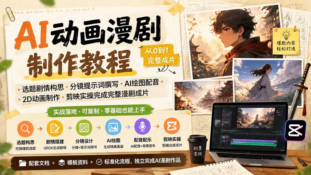 AI动画漫剧制作教程|选题剧情构思·分镜提示词撰写·AI绘图配音·2D动画制作·剪映实操完成完整漫剧成片-知峰社