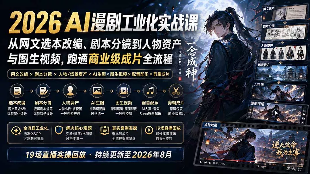 2026 AI漫剧工业化实战课-更新:从网文选本改编、剧本分镜到人物资产与图生视频,跑通商业级成片全流程-知峰社