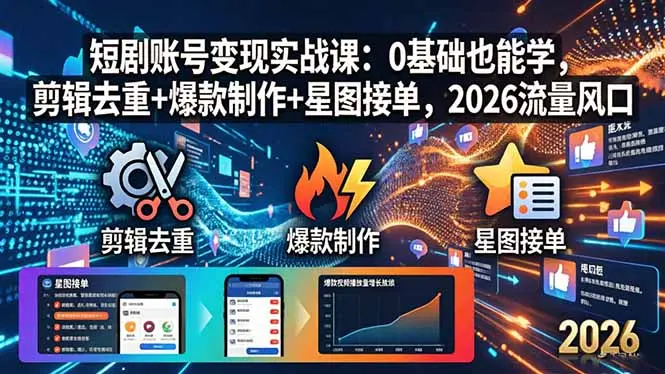 短剧账号变现实战课:0基础也能学,剪辑去重+爆款制作+星图接单,2026流量风口-知峰社