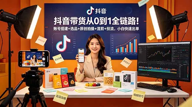 抖音带货从0到1全链路!账号搭建+选品+原创拍摄+混剪+投流,小白快速出单-知峰社