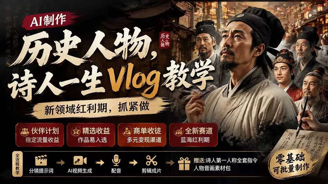 历史人物,诗人一生Vlog教学, AI制作丨伙伴计划丨精选收益丨商单收徒 ,新领域红利期,抓紧做-知峰社