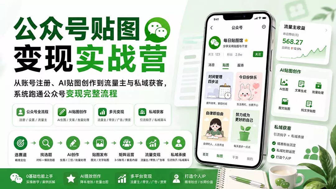 公众号贴图变现实战营:从账号注册、AI贴图创作到流量主与私域获客,系统跑通公众号变现完整流程-知峰社