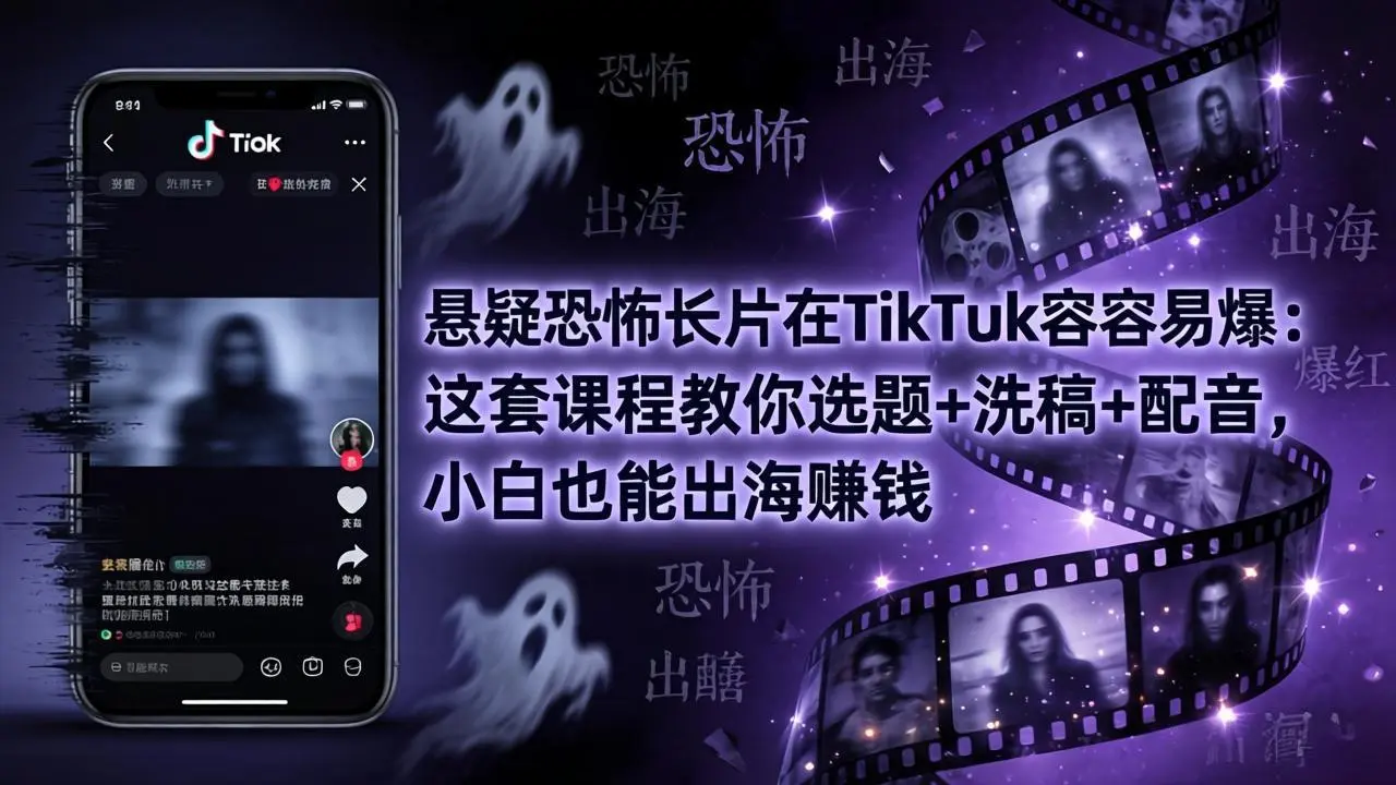 悬疑恐怖长片在TikTok最容易爆:这套课程教你选题+洗稿+配音,小白也能出海赚钱-知峰社
