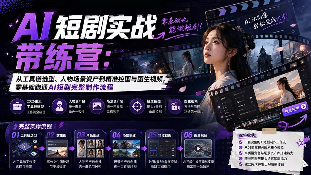 AI短剧实战训练营:从工具链选型、人物场景资产到精准控图与图生视频,零基础跑通AI短剧完整制作流程-知峰社